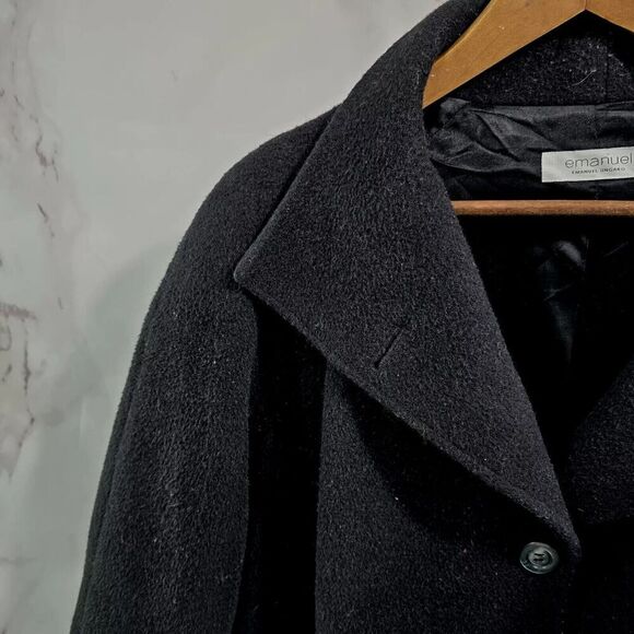 Emanuel Ungaro Coat Women Large 14 Black Wool Blend Pea Funnel Mock Neck Button - Picture 2 of 15